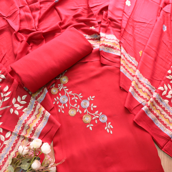 निकुंज Cherry Red Balanced By Floral Embroidery Work Semi Pashmina Winter Set