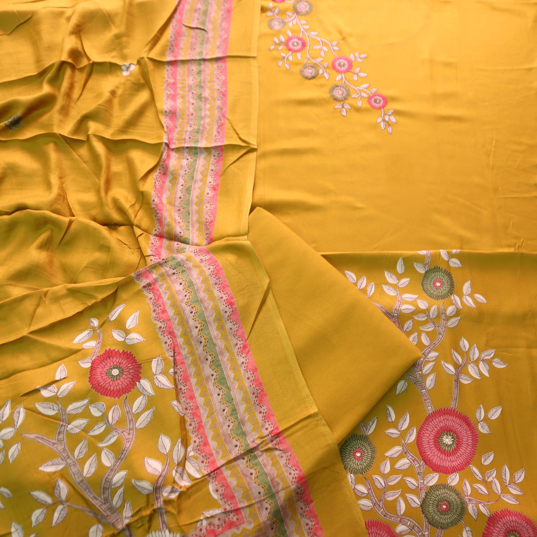 निकुंज Turmeric Yellow Balanced By Floral Embroidery Work Semi Pashmina Winter Set