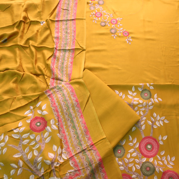 निकुंज Turmeric Yellow Balanced By Floral Embroidery Work Semi Pashmina Winter Set