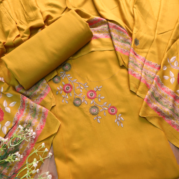 निकुंज Turmeric Yellow Balanced By Floral Embroidery Work Semi Pashmina Winter Set