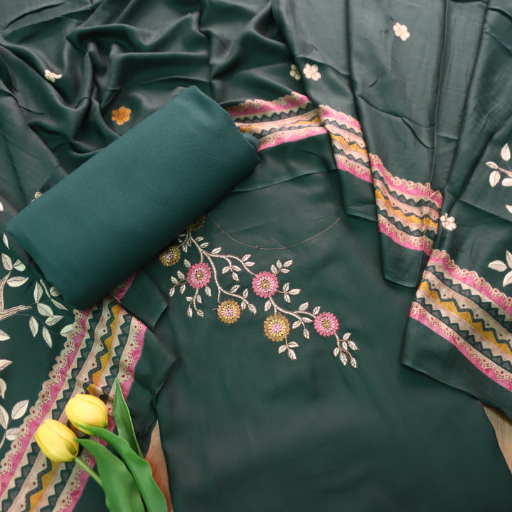 निकुंज Dark Green Balanced By Floral Embroidery Work Semi Pashmina Winter Set