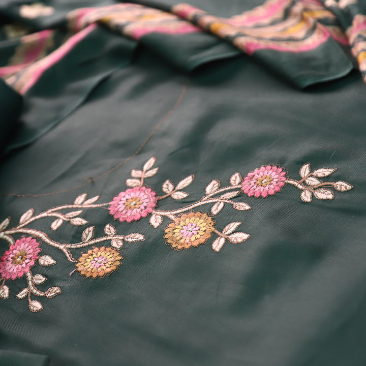 निकुंज Dark Green Balanced By Floral Embroidery Work Semi Pashmina Winter Set