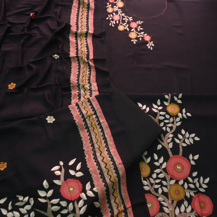 निकुंज Oil Black Balanced By Floral Embroidery Work Semi Pashmina Winter Set