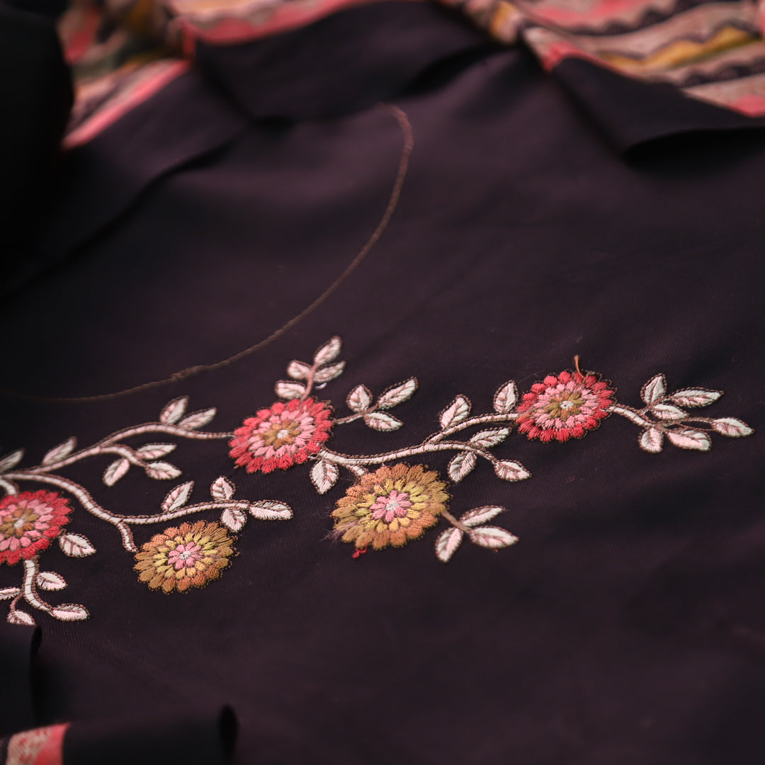 निकुंज Oil Black Balanced By Floral Embroidery Work Semi Pashmina Winter Set