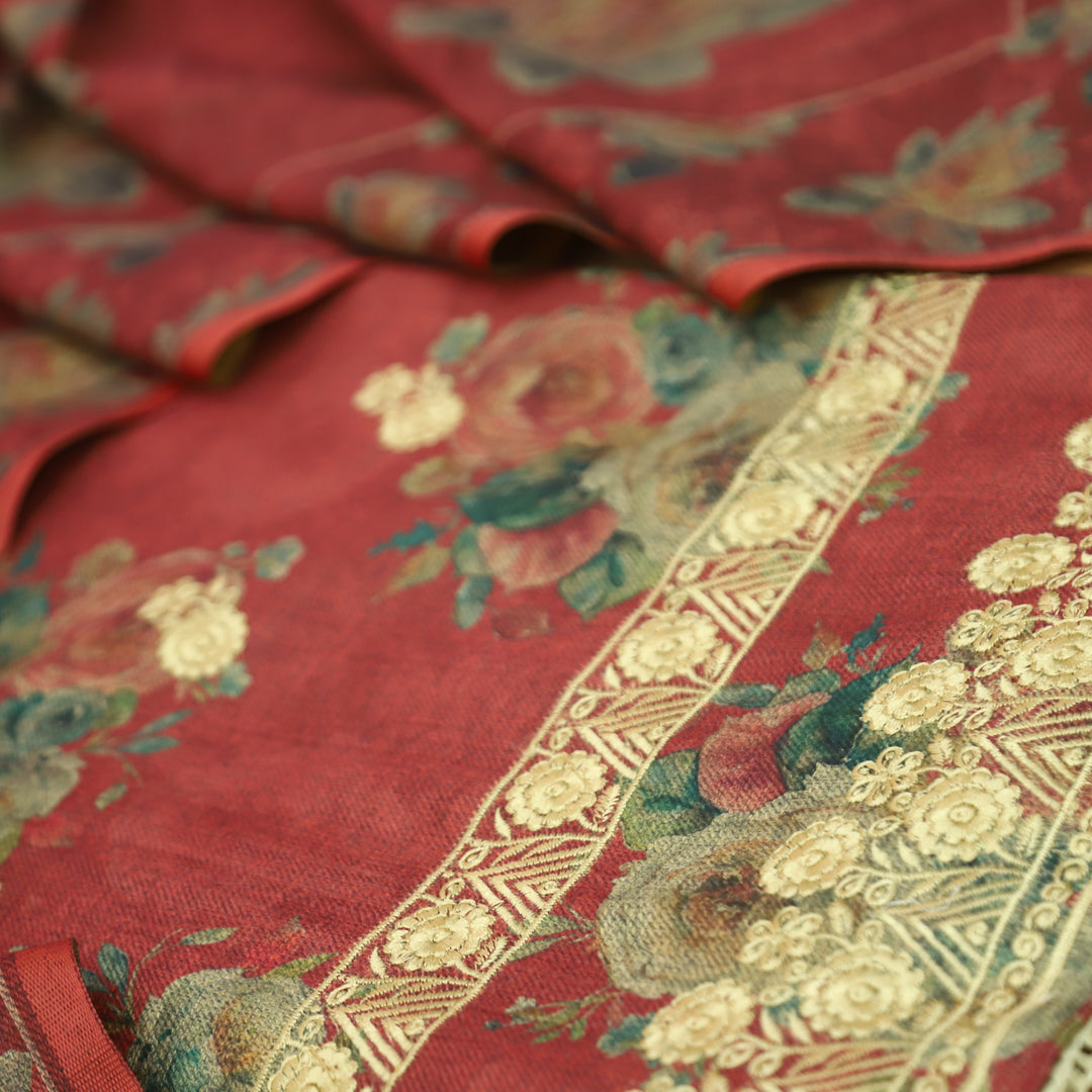 जस्सी Deep Cherry Red Floral Print in Embroidered Work Semi Pashmina Winter Set