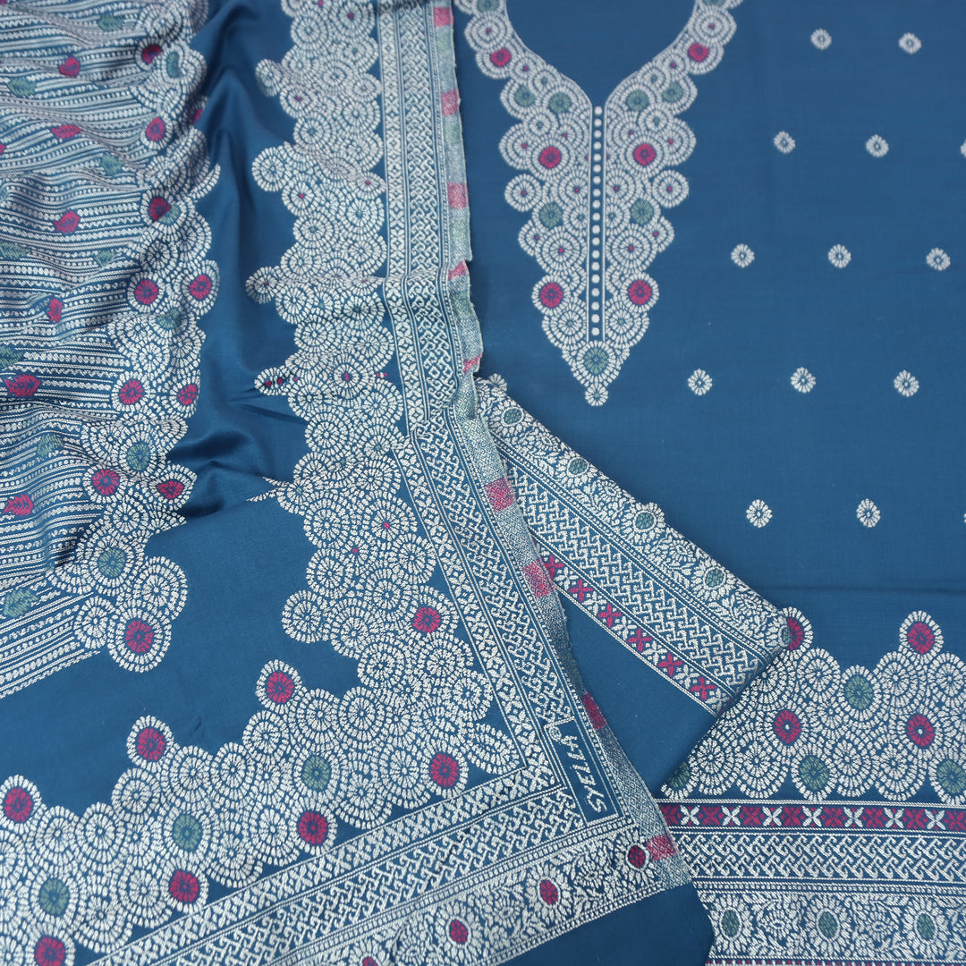 सांभवी Cerulean Blue Defined By Thread and Zari Weaved Neck Semi Pashmina Winter Set