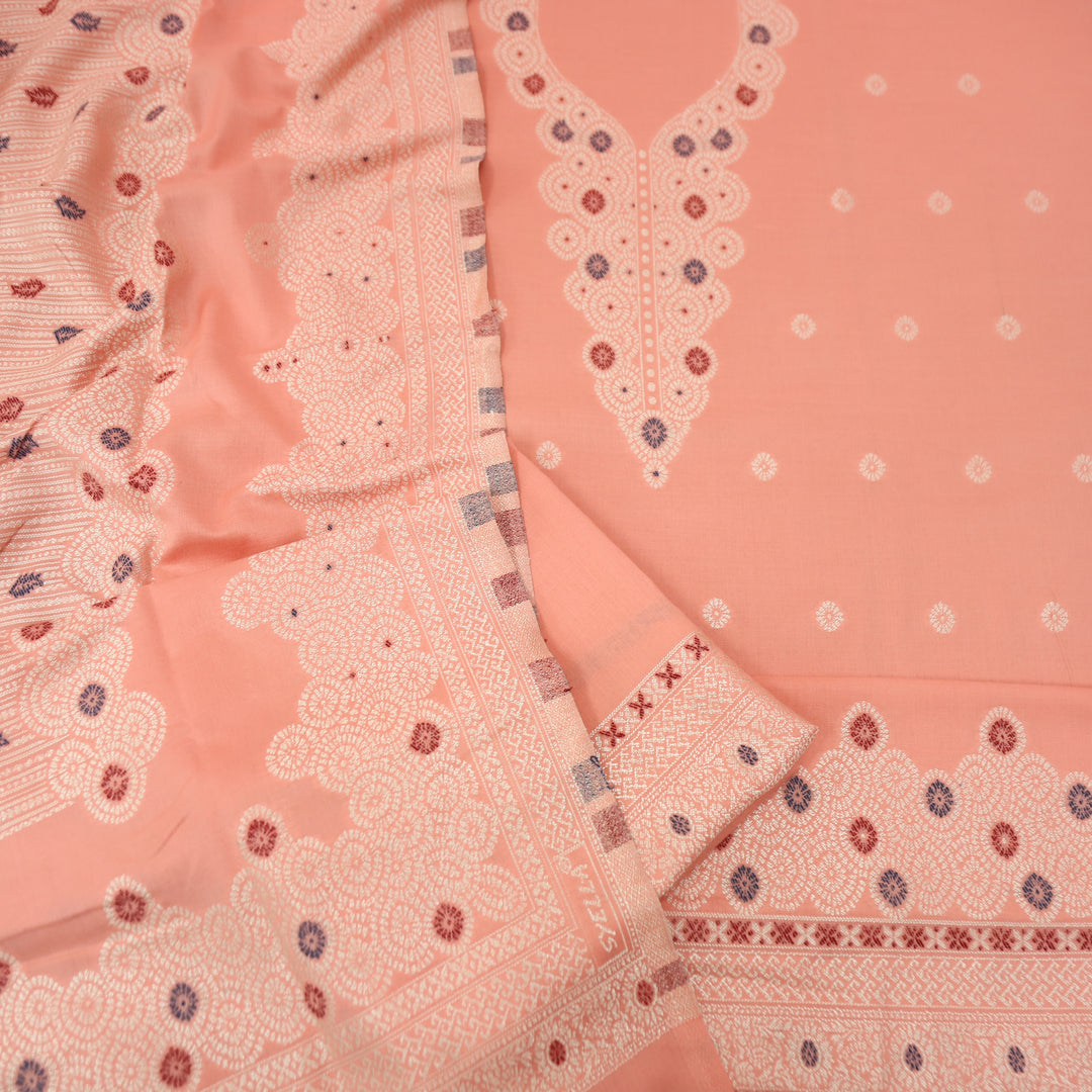 सांभवी Soft Peach Defined By Thread and Zari Weaved Neck Semi Pashmina Winter Set