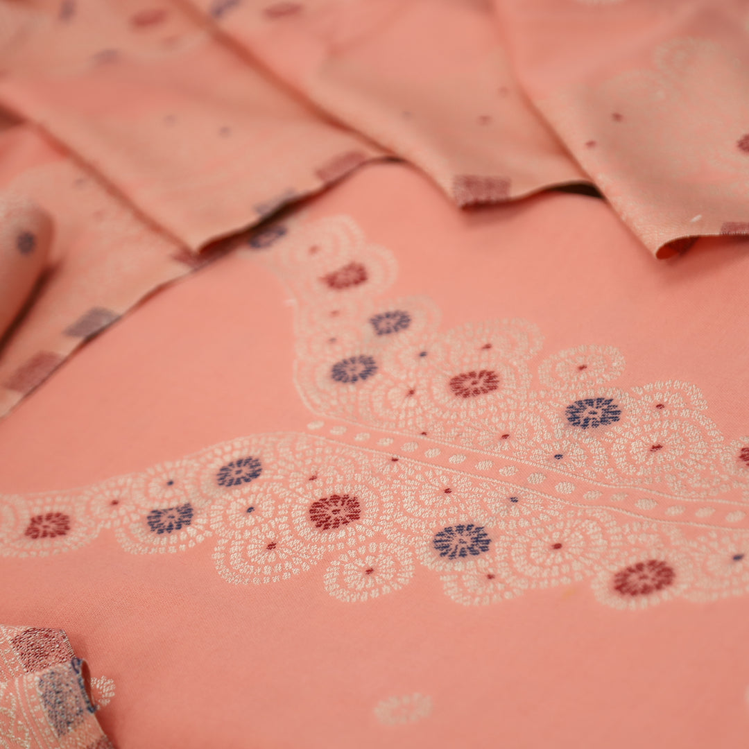 सांभवी Soft Peach Defined By Thread and Zari Weaved Neck Semi Pashmina Winter Set