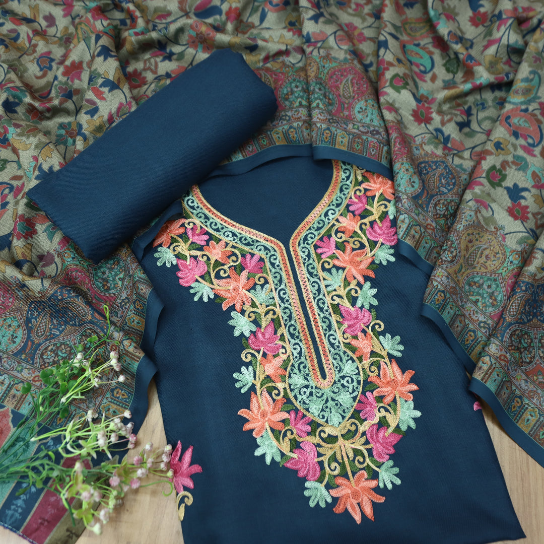 रुचिका Denim Blue with Colorful Kashida Embroidery Work Semi Pashmina Winter Set