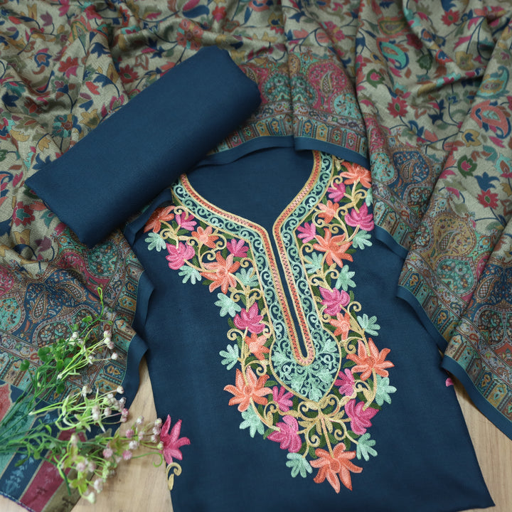 रुचिका Denim Blue with Colorful Kashida Embroidery Work Semi Pashmina Winter Set