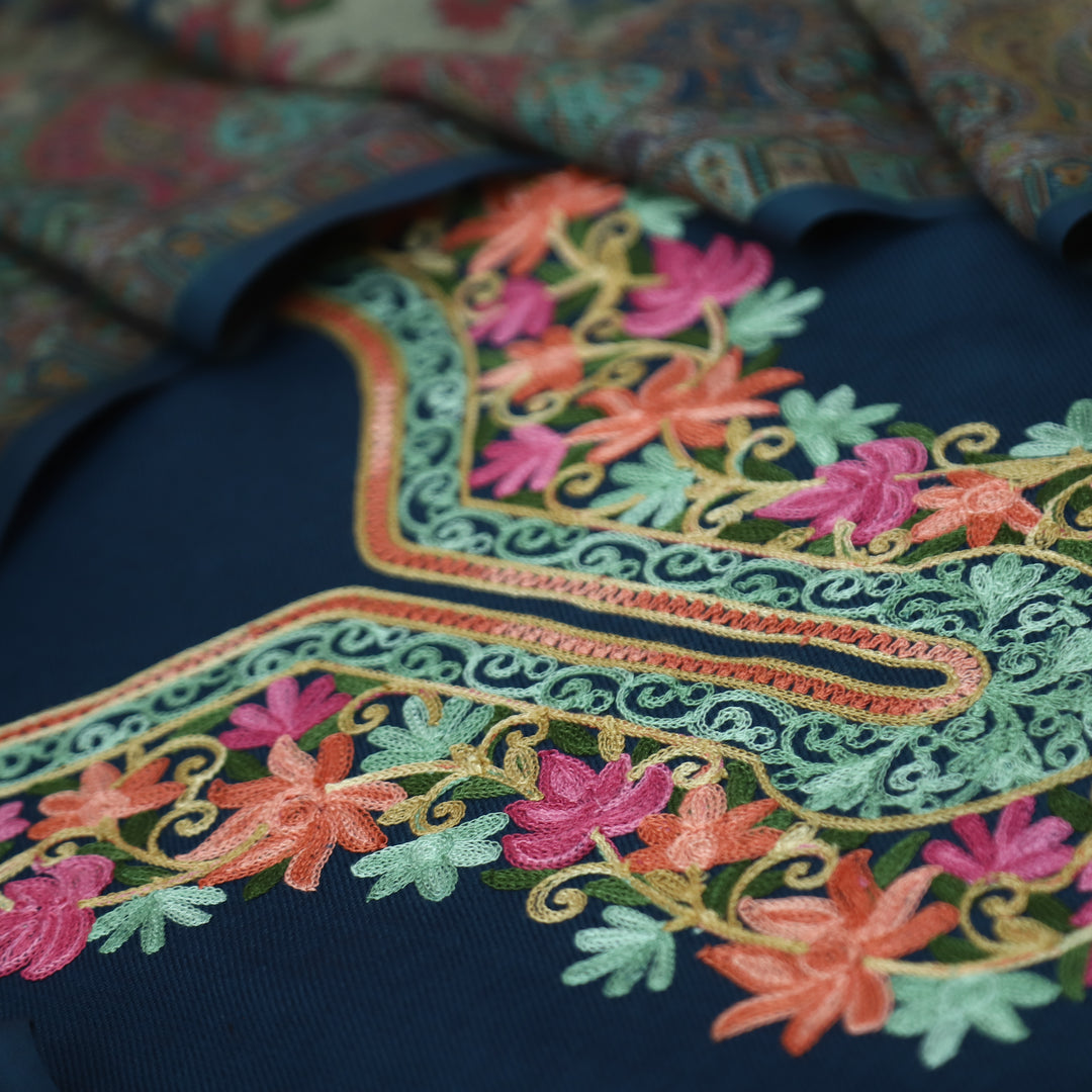 रुचिका Denim Blue with Colorful Kashida Embroidery Work Semi Pashmina Winter Set