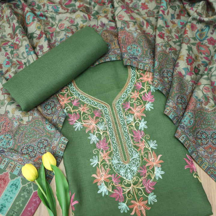 रुचिका Forest Green with Colorful Kashida Embroidery Work Semi Pashmina Winter Set