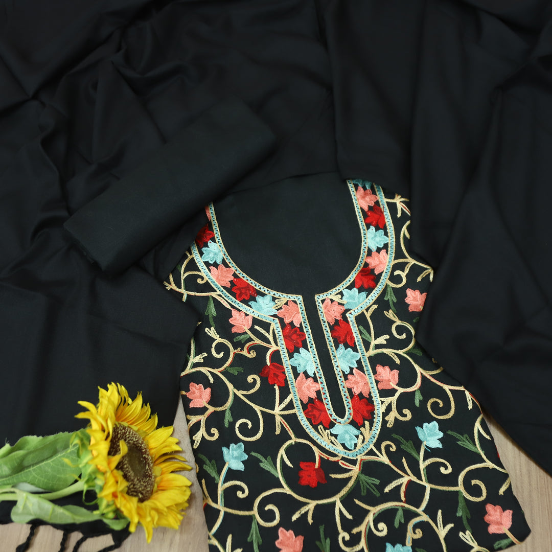 परशक्ति Midnight Black Elegant Woven Kashida Embroidery Semi Pashmina Winter Set