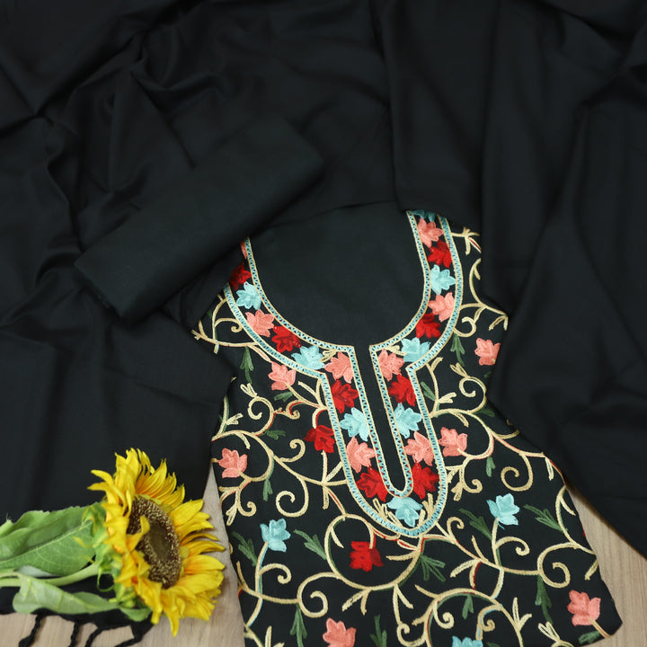 परशक्ति Midnight Black Elegant Woven Kashida Embroidery Semi Pashmina Winter Set