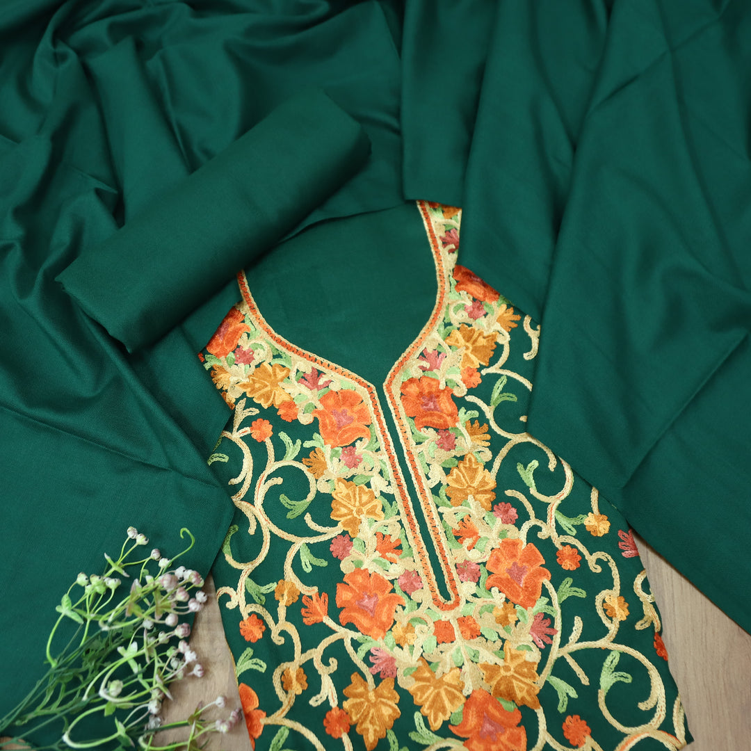 परशक्ति Dark Green Elegant Woven Kashida Embroidery Semi Pashmina Winter Set