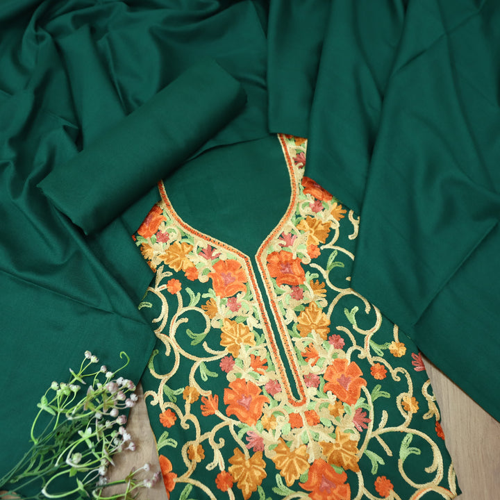 परशक्ति Dark Green Elegant Woven Kashida Embroidery Semi Pashmina Winter Set