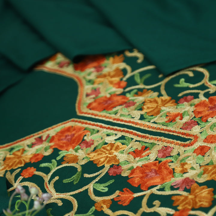 परशक्ति Dark Green Elegant Woven Kashida Embroidery Semi Pashmina Winter Set