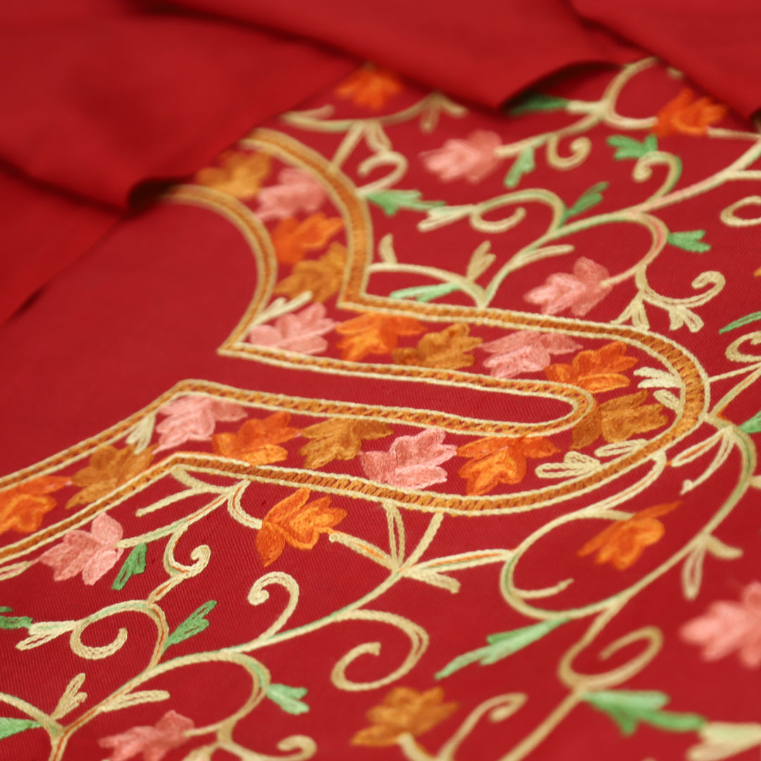 परशक्ति Cherry Red Elegant Woven Kashida Embroidery Semi Pashmina Winter Set