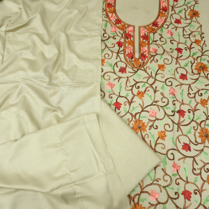 परशक्ति Sand Beige Elegant Woven Kashida Embroidery Semi Pashmina Winter Set