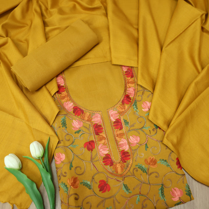 परशक्ति Dijon Yellow Elegant Woven Kashida Embroidery Semi Pashmina Winter Set