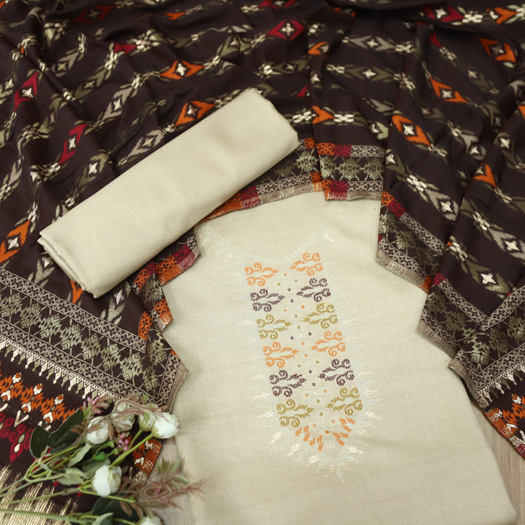 इशानी Sand Beige Thread Weaved with Zari Work Semi Pashmina Winter Set