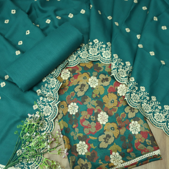 झुमकी Emerald Teal Floral Printed in Embroidered Work Semi Pashmina Winter Set