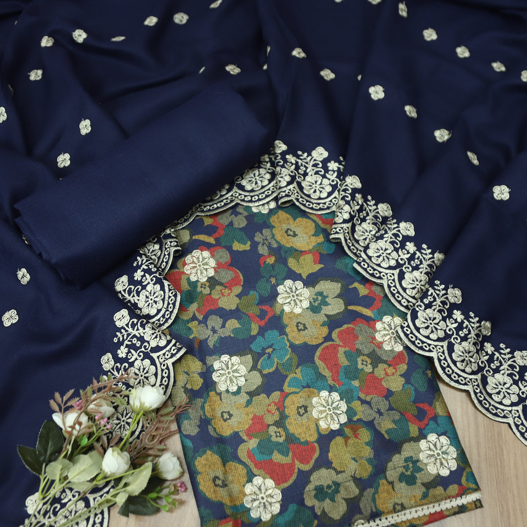 झुमकी Navy Blue Floral Printed in Embroidered Work Semi Pashmina Winter Set