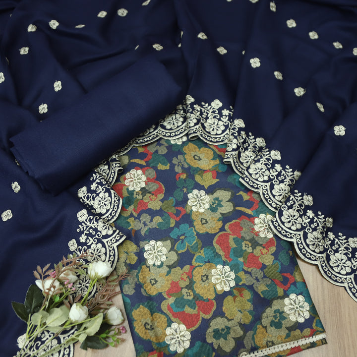 झुमकी Navy Blue Floral Printed in Embroidered Work Semi Pashmina Winter Set