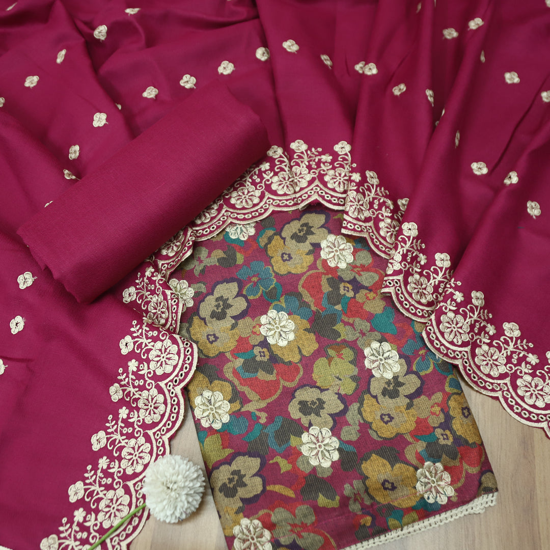 झुमकी Magenta Pink Floral Printed in Embroidered Work Semi Pashmina Winter Set