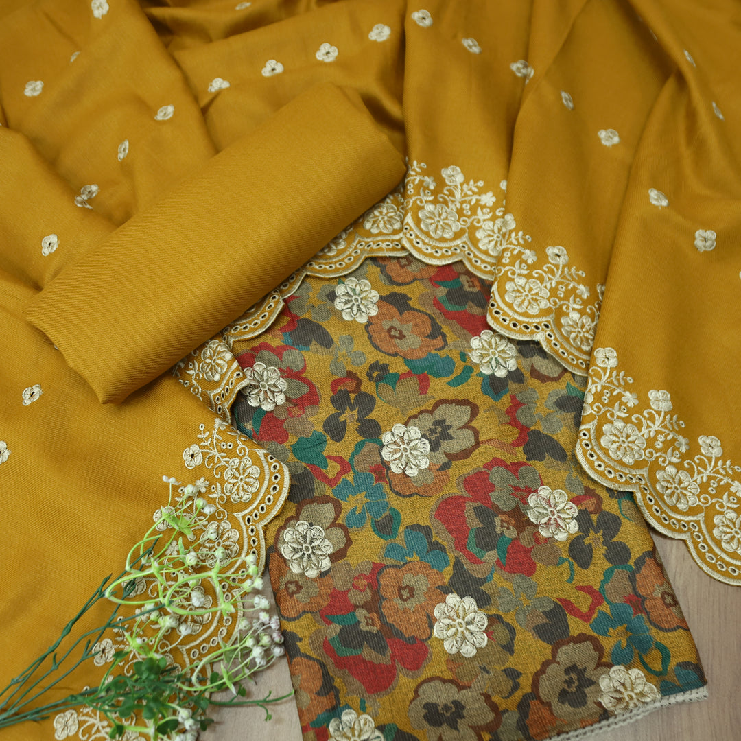 झुमकी Dandelion Yellow Floral Printed in Embroidered Work Semi Pashmina Winter Set