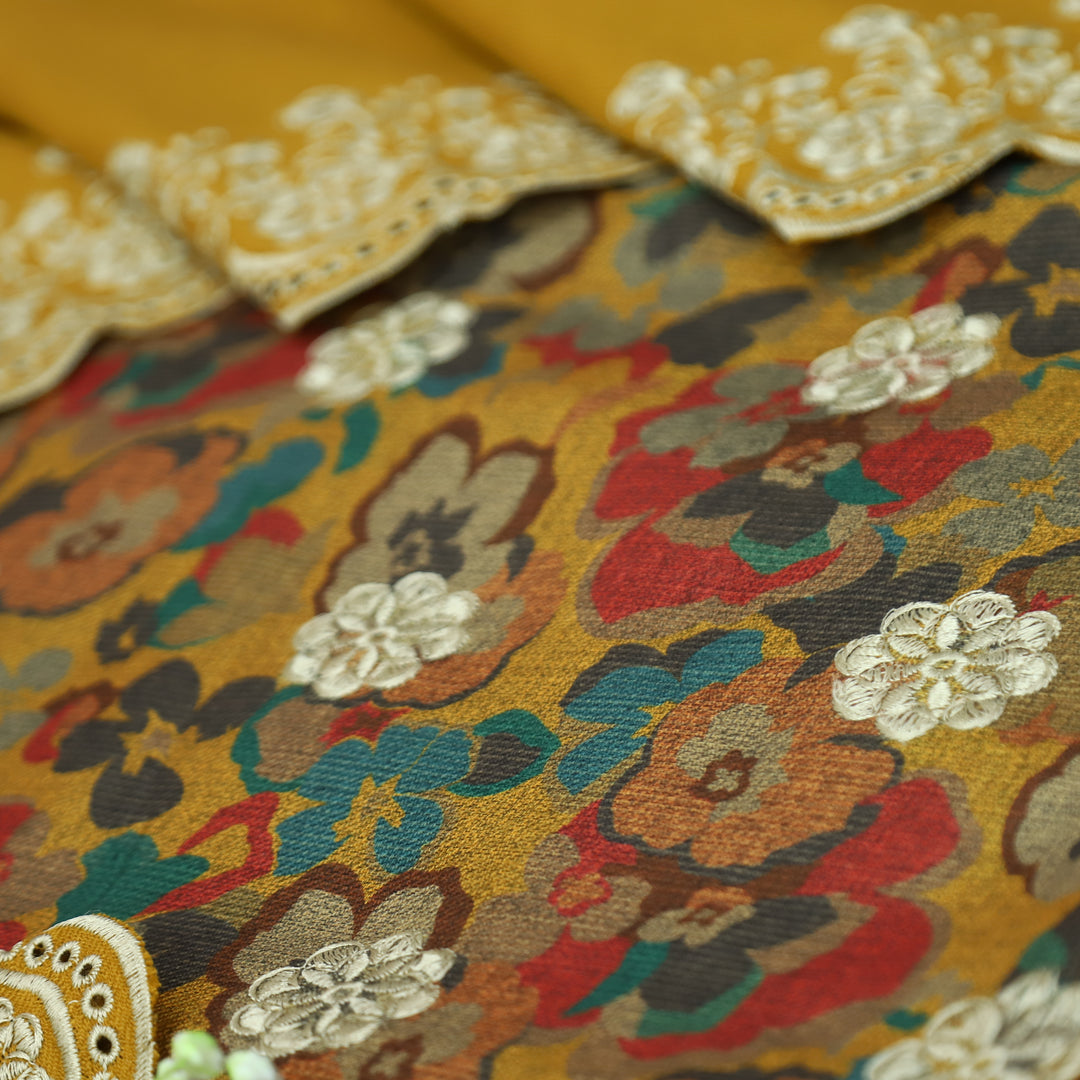झुमकी Dandelion Yellow Floral Printed in Embroidered Work Semi Pashmina Winter Set
