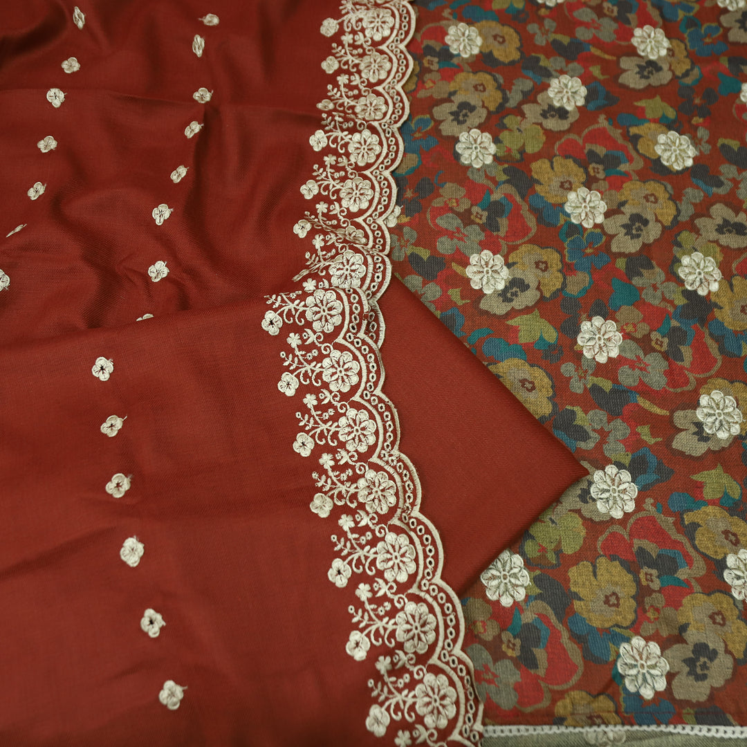 झुमकी Bride Red Floral Printed in Embroidered Work Semi Pashmina Winter Set