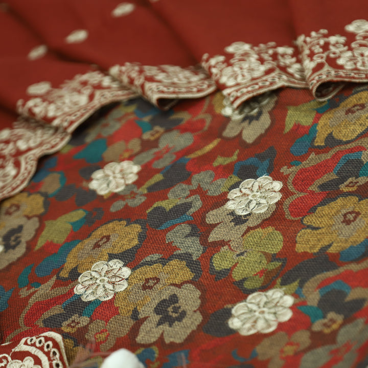 झुमकी Bride Red Floral Printed in Embroidered Work Semi Pashmina Winter Set