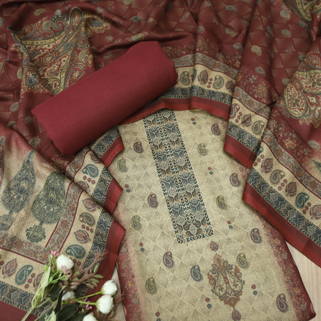 सांभ Beige with Maroon Panel Style Digital Printed Semi Pashmina Winter Set