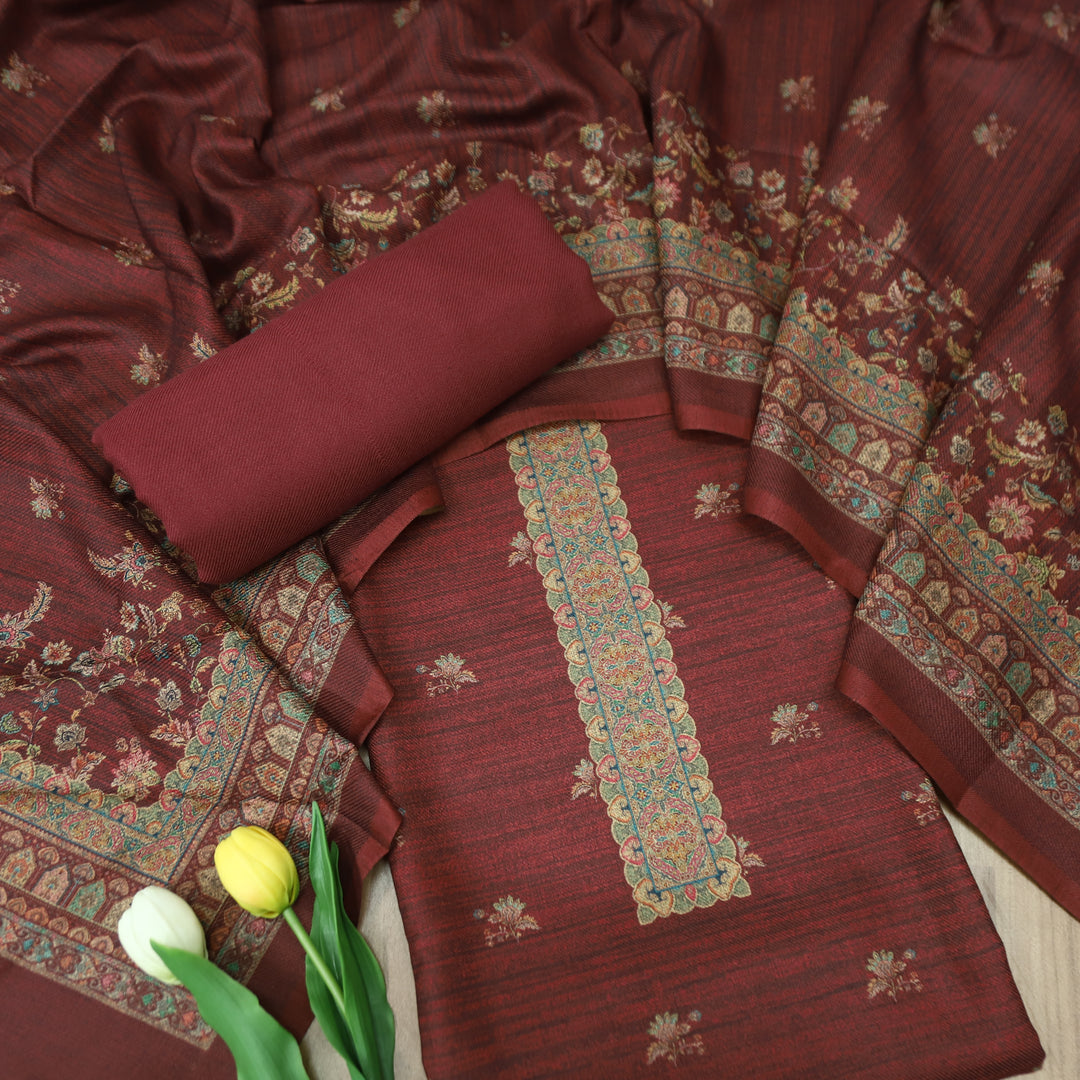 सांभ Maroon Red Elegant All Over Digital Printed Semi Pashmina Winter Set