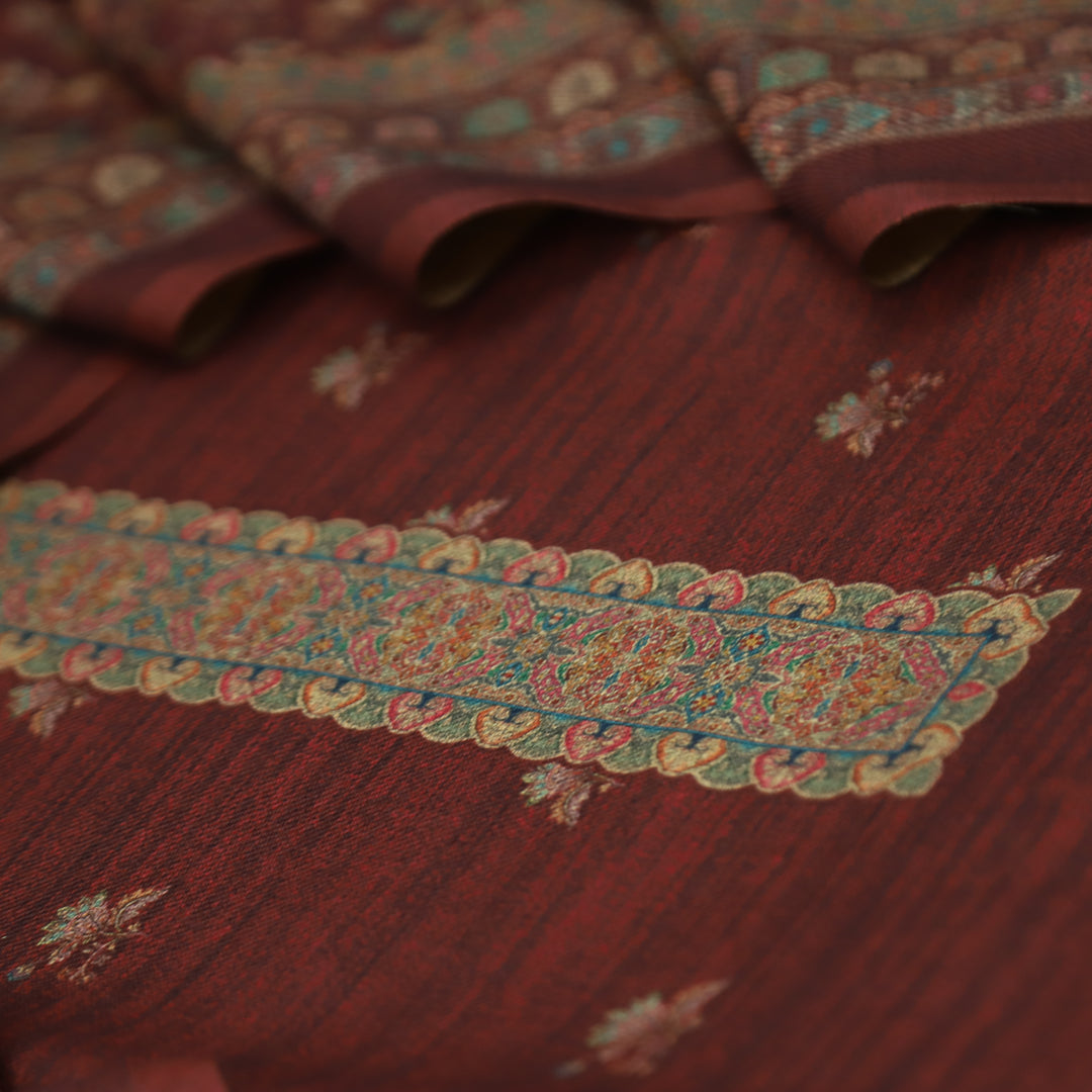 सांभ Maroon Red Elegant All Over Digital Printed Semi Pashmina Winter Set
