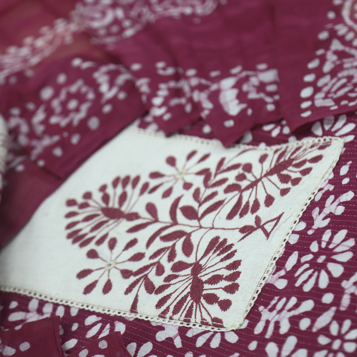 Nazara Maroon Red Thread Work Batik Print with Kantha Work Cotton Suit Set
