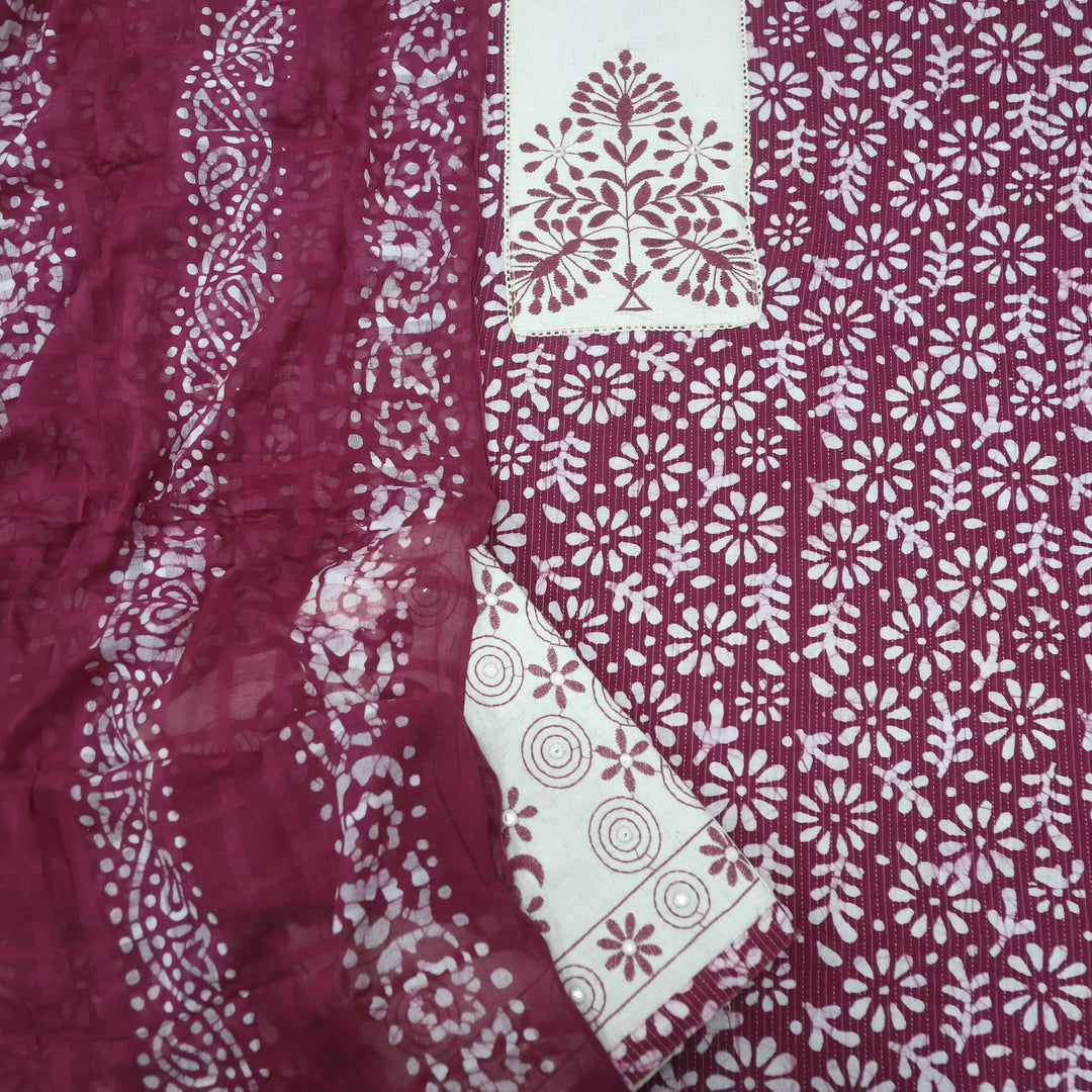 Nazara Maroon Red Thread Work Batik Print with Kantha Work Cotton Suit Set