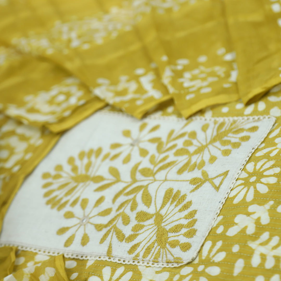 Nazara Shine Yellow Thread Work Batik Print with Kantha Work Cotton Suit Set