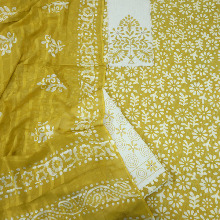 Nazara Shine Yellow Thread Work Batik Print with Kantha Work Cotton Suit Set
