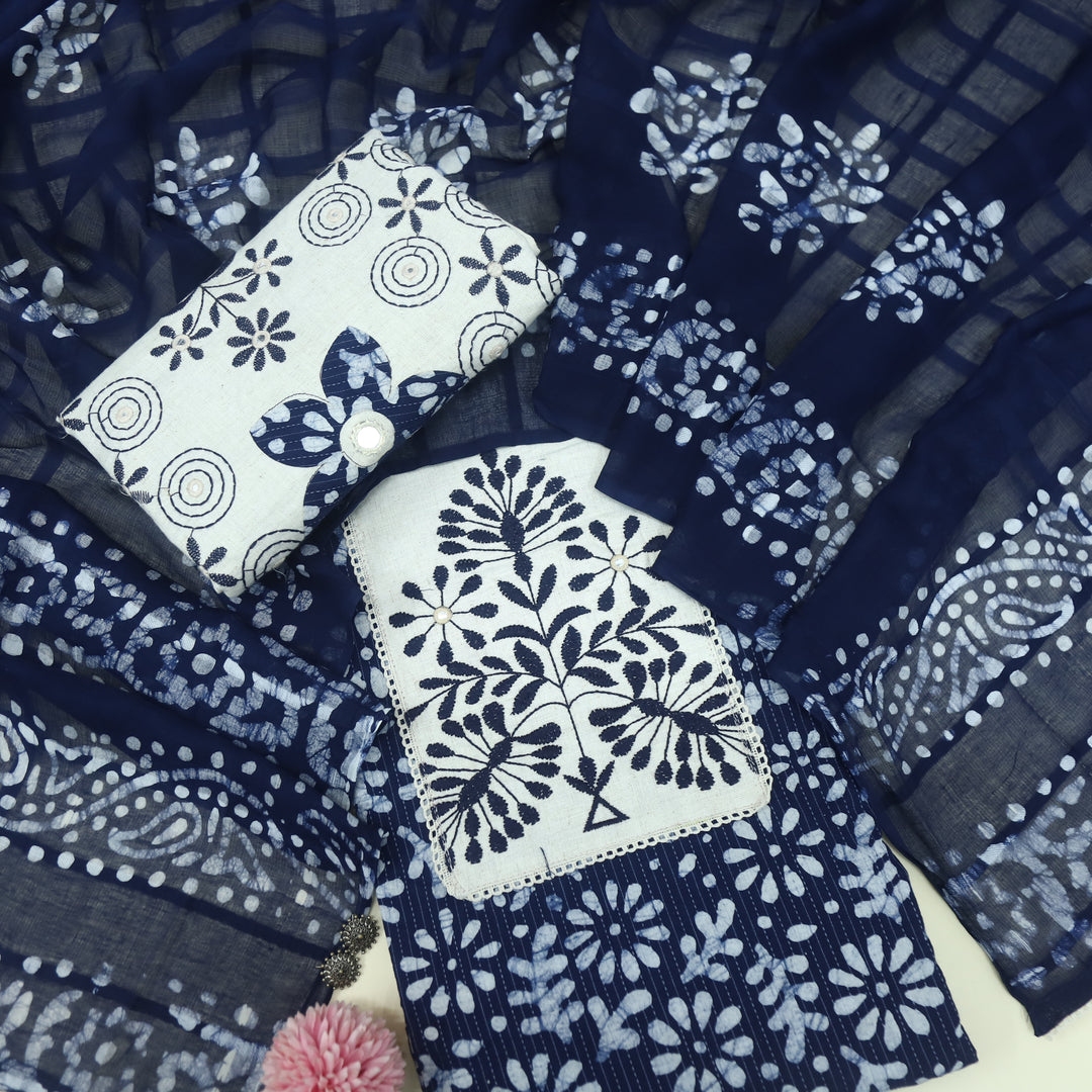Nazara Indigo Blue Thread Work Batik Print with  Kantha Work Cotton Suit Set