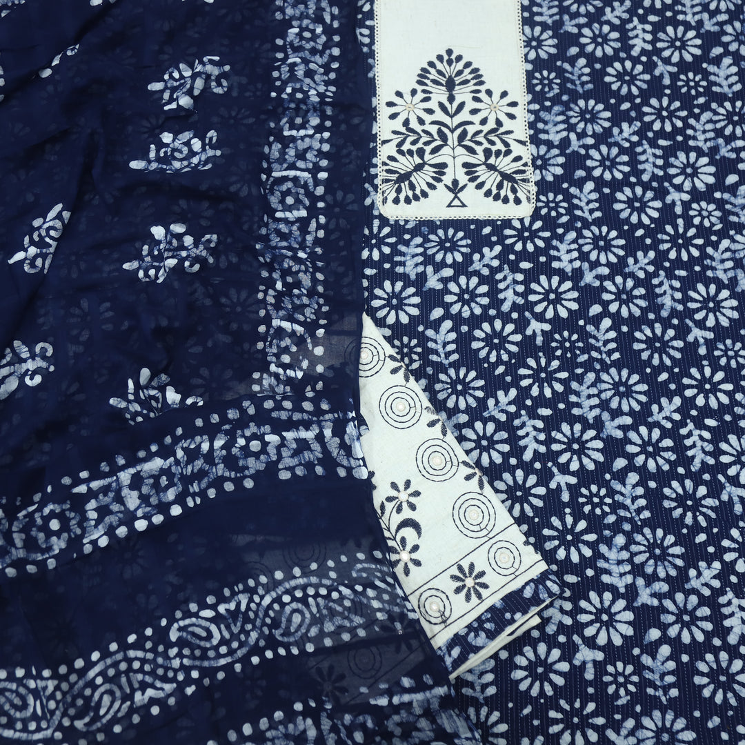 Nazara Indigo Blue Thread Work Batik Print with  Kantha Work Cotton Suit Set