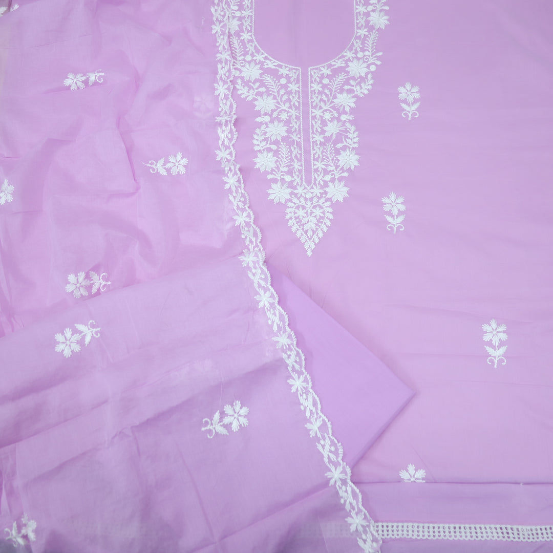 Suffi Soft Purple Chikankari Work Inspired Neck Cotton Suit Set