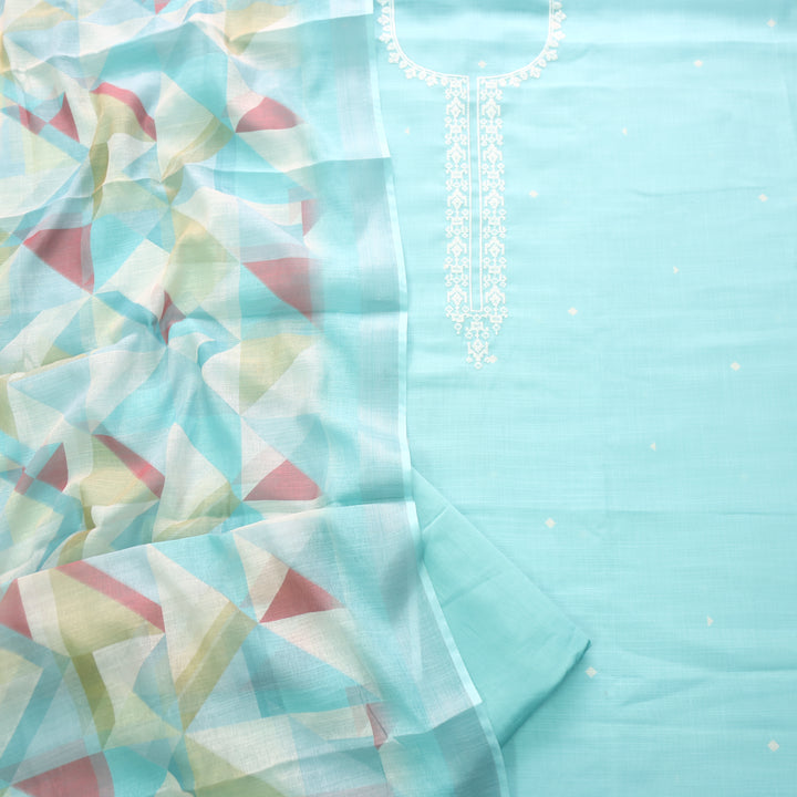 Gujaarish Aqua Blue Cross-Stitch Embroidery  Neck Cotton Linen Suit Set