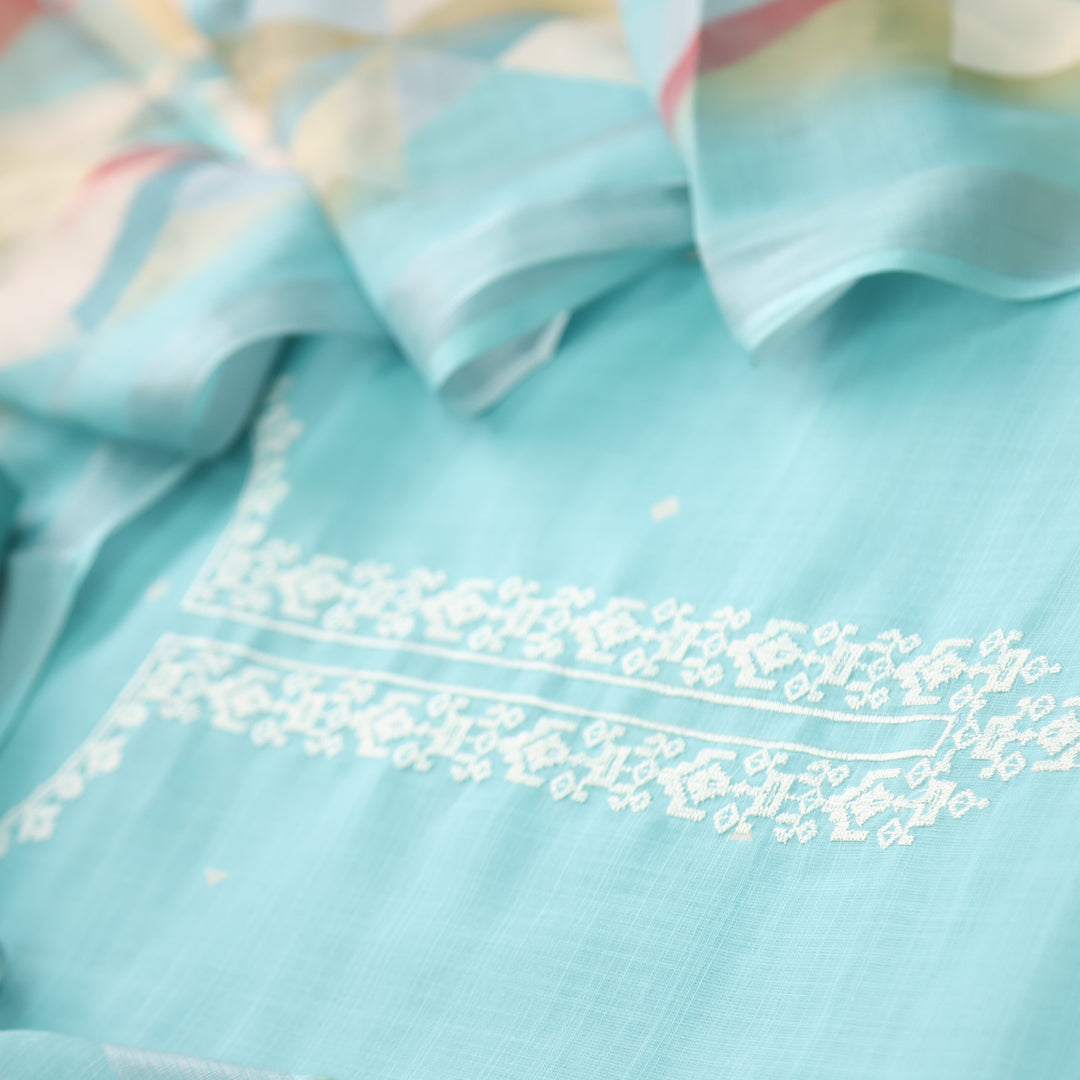 Gujaarish Aqua Blue Cross-Stitch Embroidery  Neck Cotton Linen Suit Set