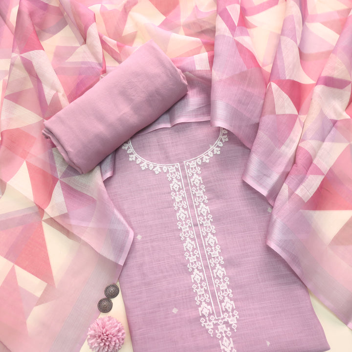 Gujaarish Mauve Purple Cross-Stitch Embroidery  Neck Cotton Linen Suit Set