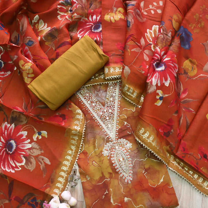 Adaakari Dark Mustard Orange Zari Embellish Neck Work Floral Print Muslin Suit Set