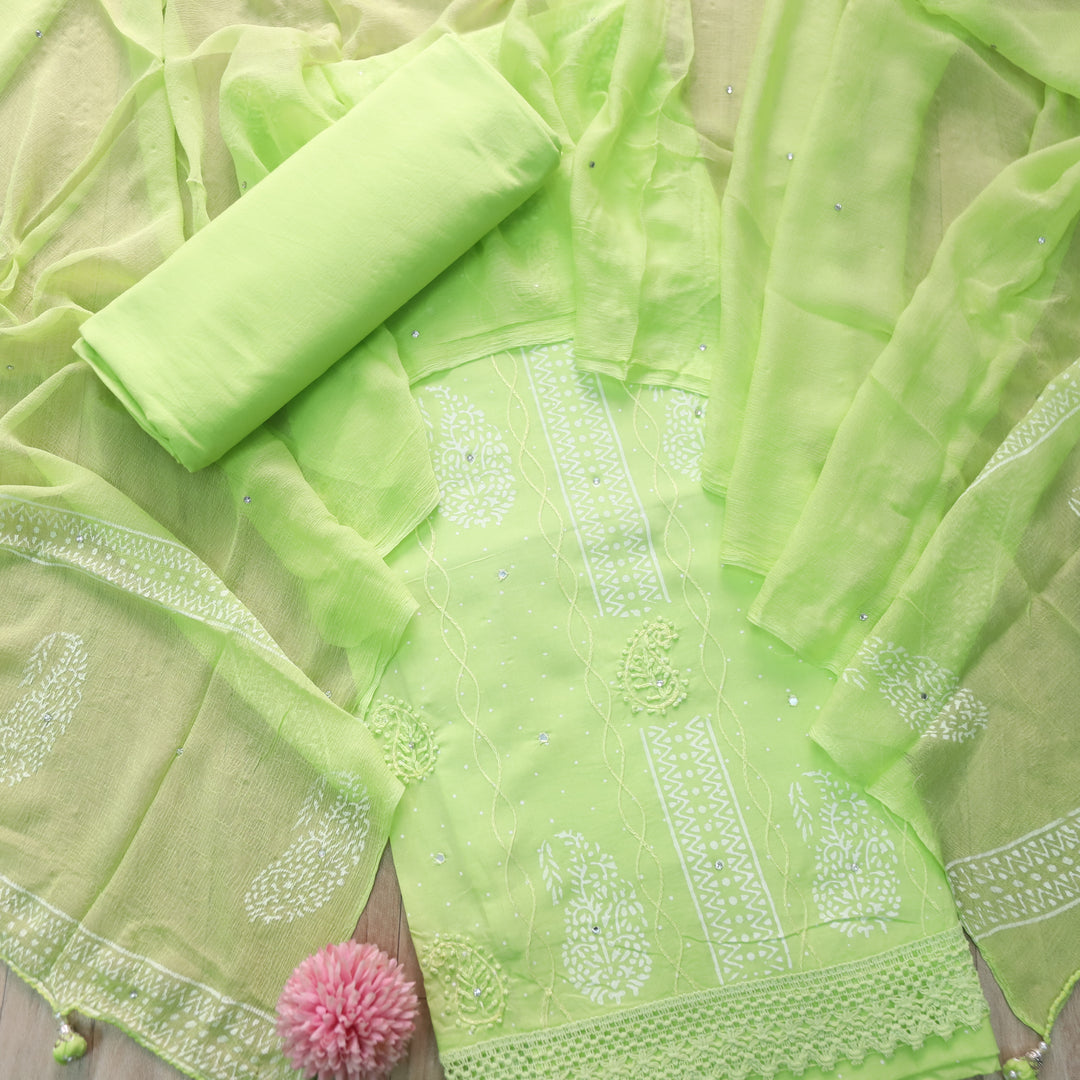 Ruaa Neon Green Anchor Embellished with Mirror Work Cotton Suit Set D2