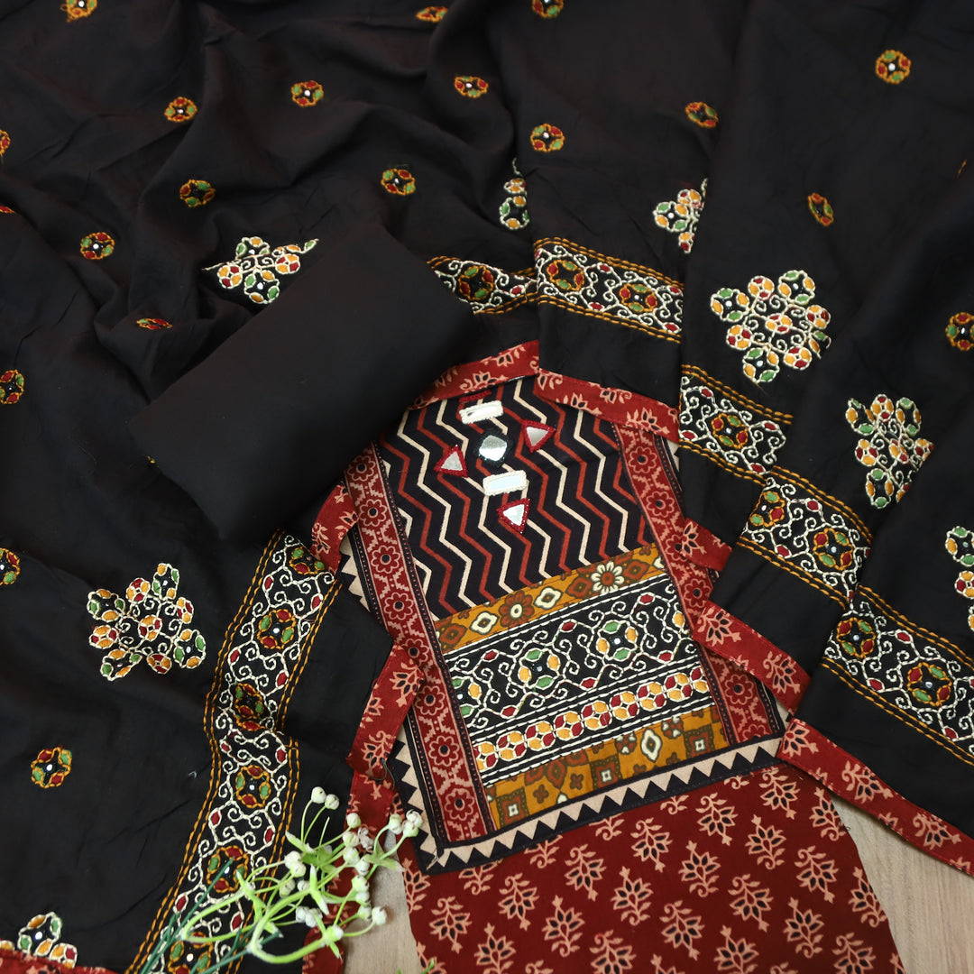 Sundri Cherry Red Kutch Patch with Mirror Work Zig-Zag Yoke Printed Cotton Suit Set