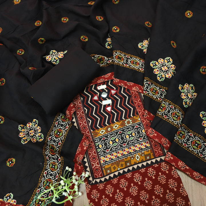 Sundri Cherry Red Kutch Patch with Mirror Work Zig-Zag Yoke Printed Cotton Suit Set